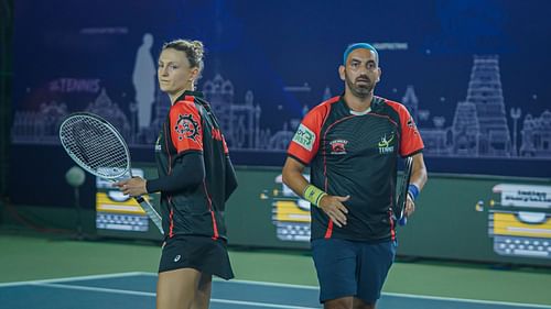 Samantha (L) and Purav Raja in action during the TPL in Mumbai