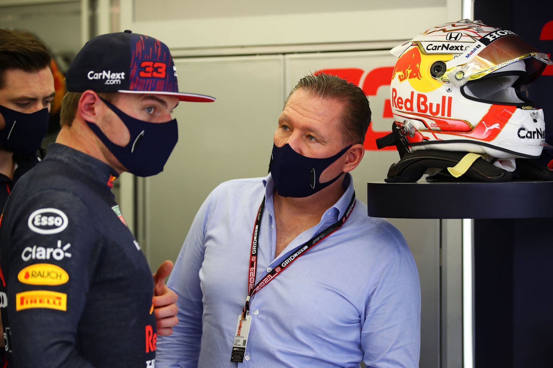Red Bull Racing driver Max Verstappen of Netherlands talks with his dad Jos in the garage during F1 Testing at Bahrain International Circuit. (Photo by Mark Thompson/Getty Images)