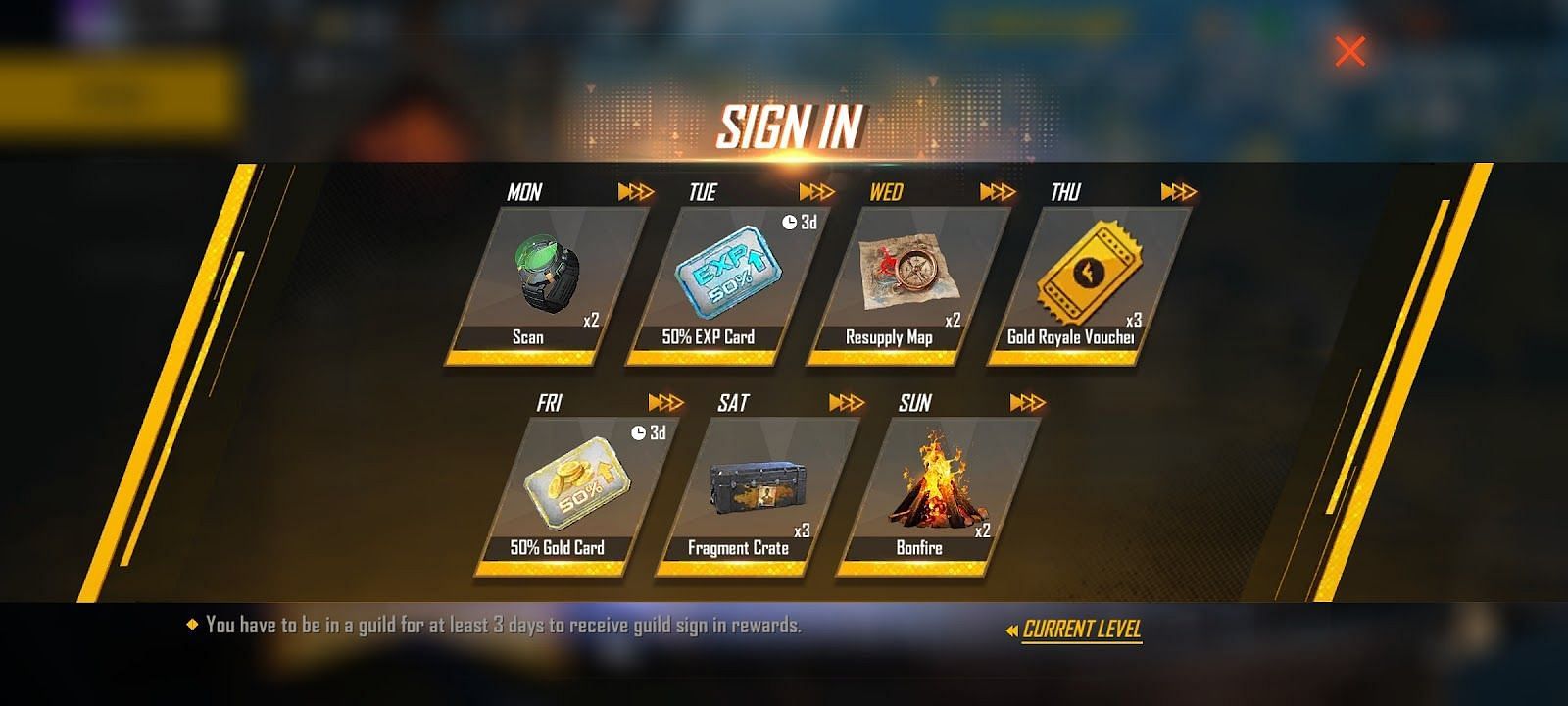 50% EXP Card in Guild Sign-in rewards (Image via Free Fire)