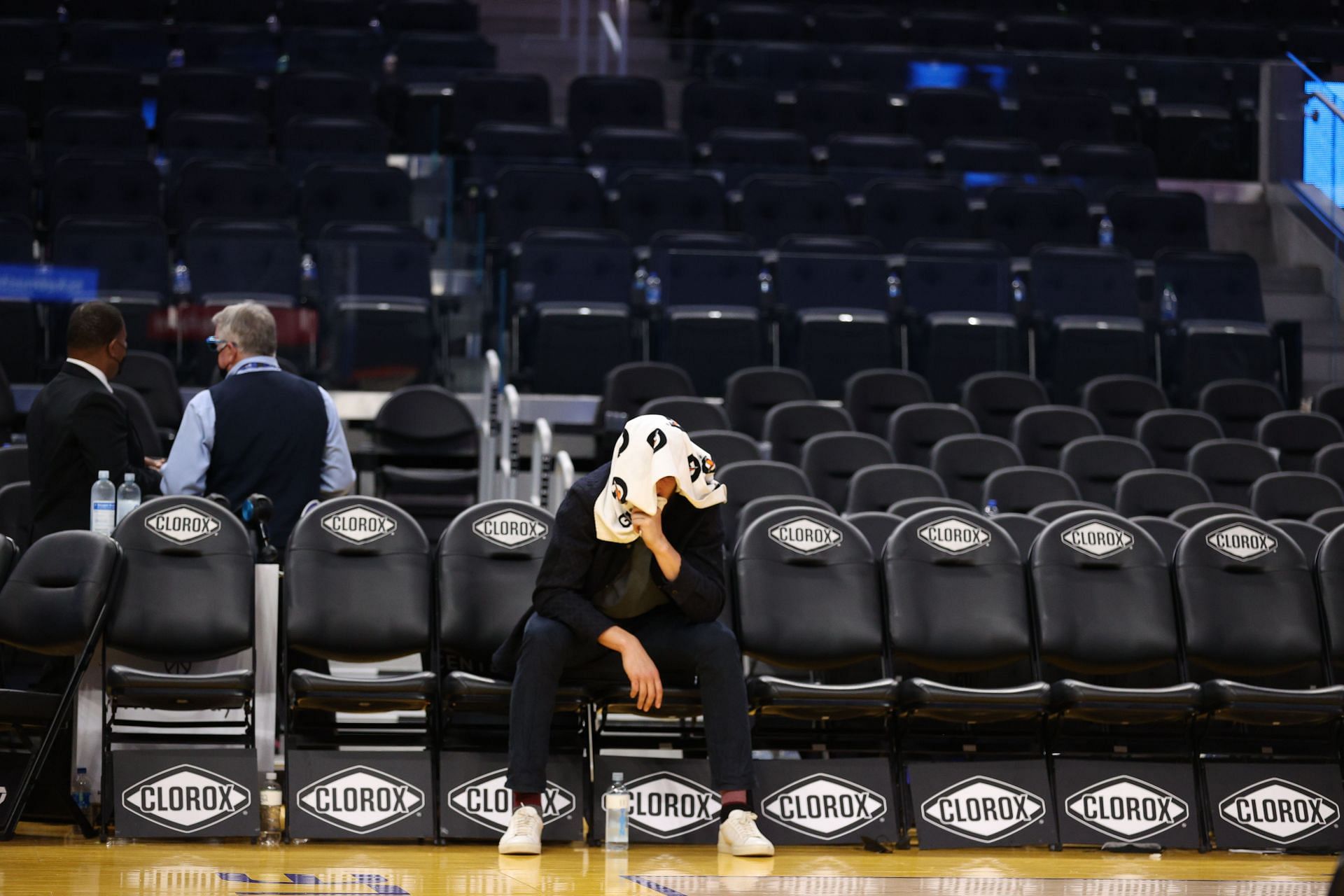 Klay Thompson stays back on the bench after a Golden State Warriors' game