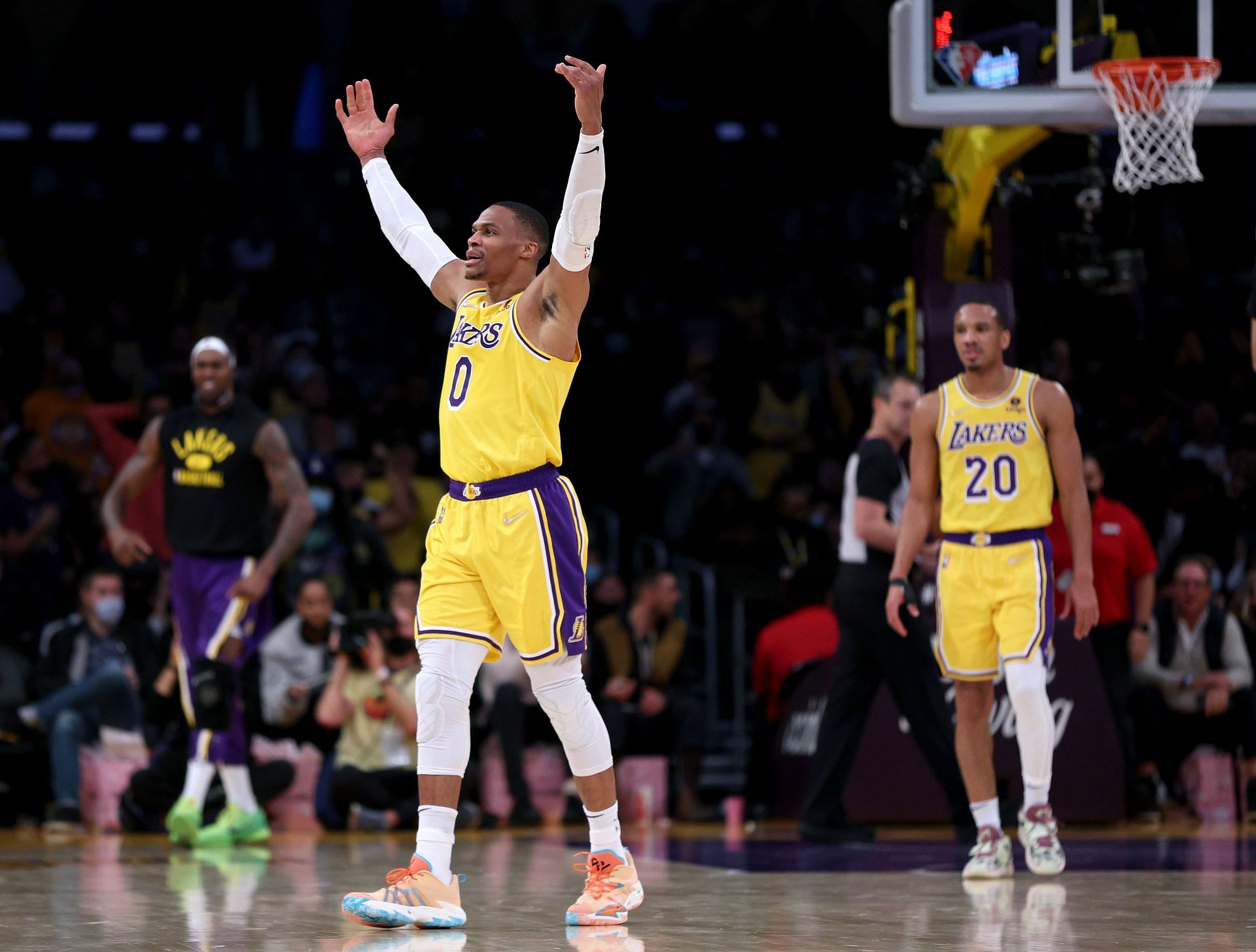 Russell Westbrook #0 of the Los Angeles Lakers celebrates his dunk