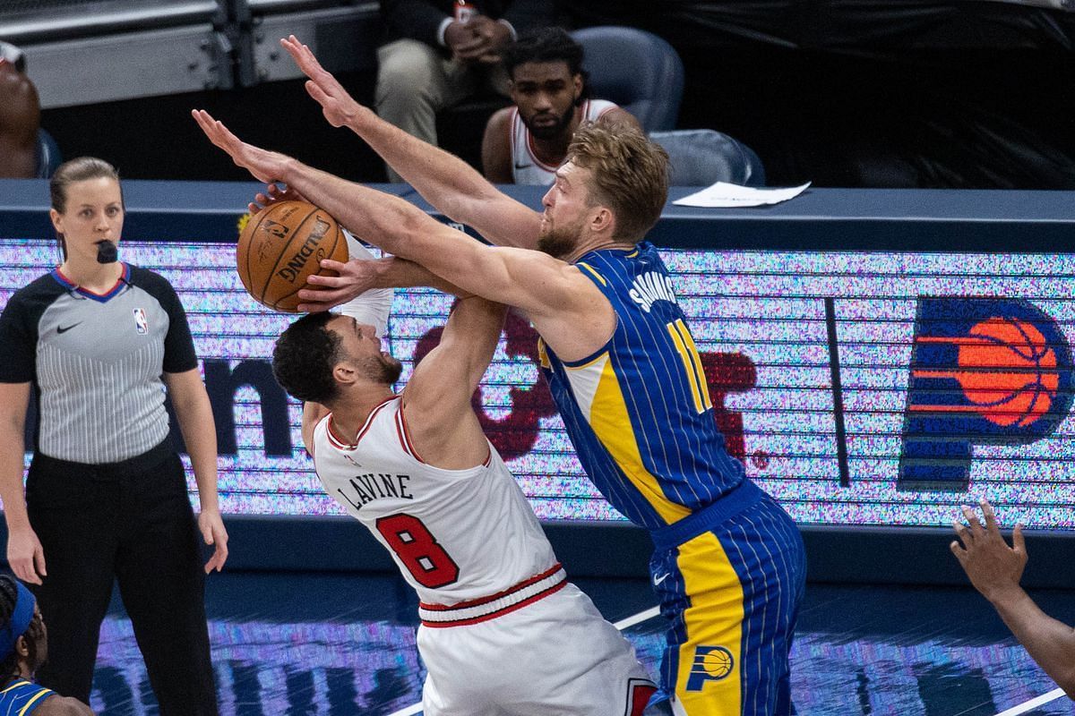 Domantas Sabonis of the Indiana Pacers blocks Zach LaVine of the Chicago Bulls [Source: USA Today]