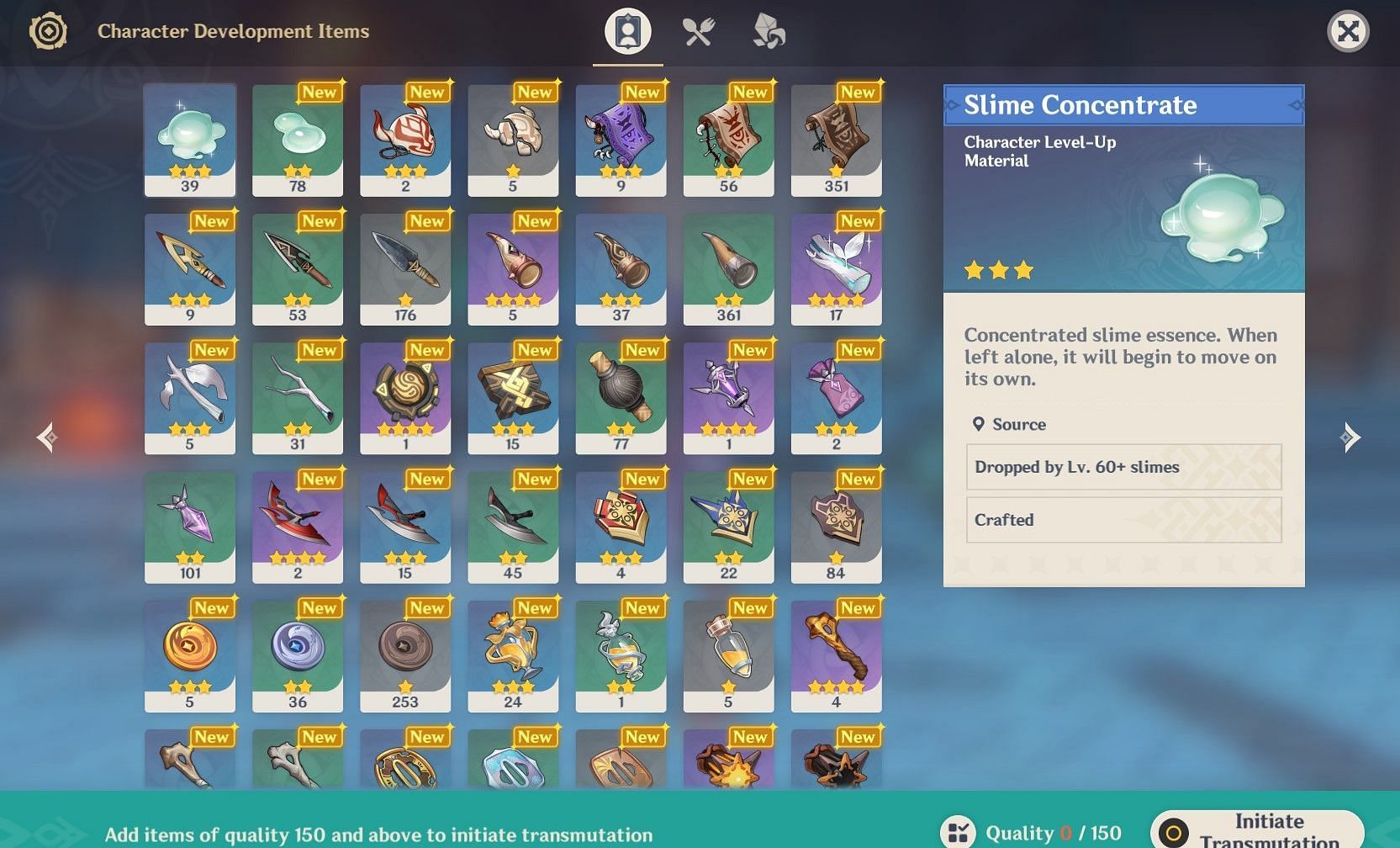 A screen of random materials that players can place into it (Image via Genshin Impact)