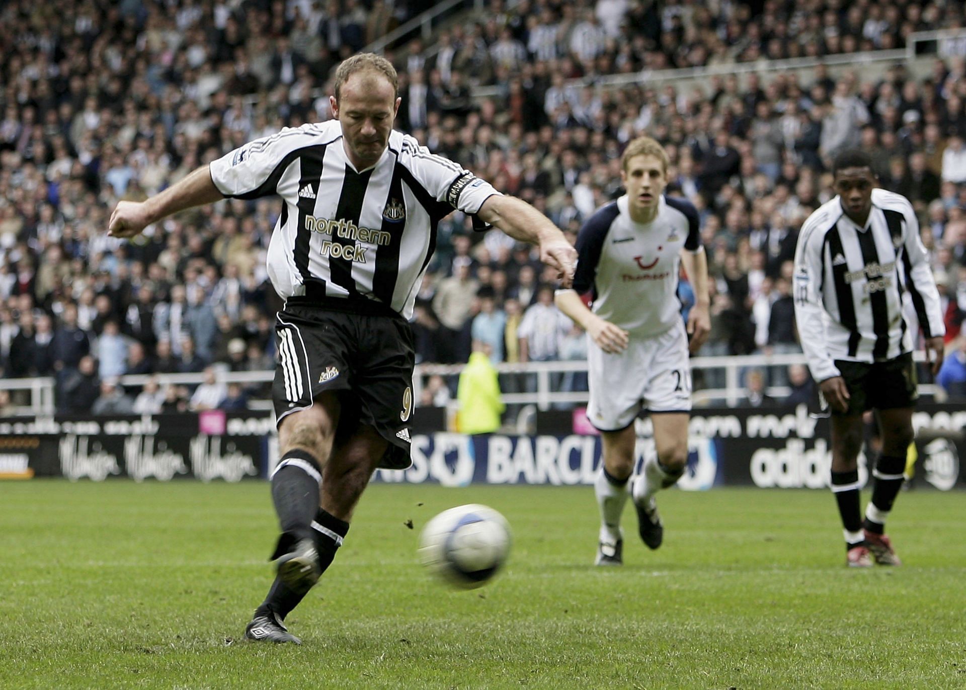 Newcastle United&#039;s Alan Shearer takes a penalty against Tottenham Hotspur.