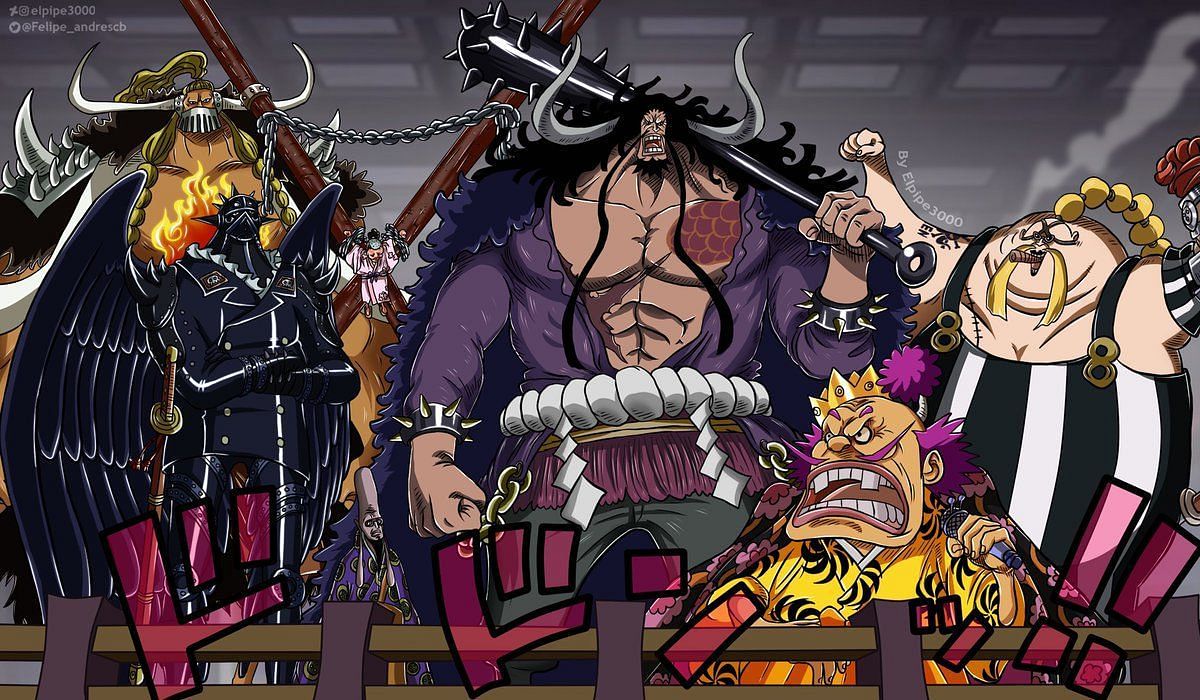 Kaido, the Calamities, and Orochi as seen in the colored One Piece manga. (Image via Shueisha Shonen Jump)