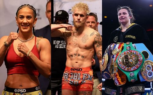 Amanda Serrano (left), Jake Paul (center) and Katie Taylor (right)