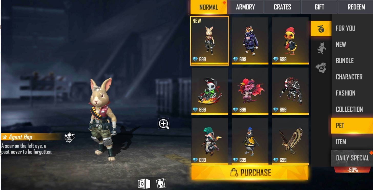 Purchase option is present below the list of pets and their prices (Image via Free Fire)