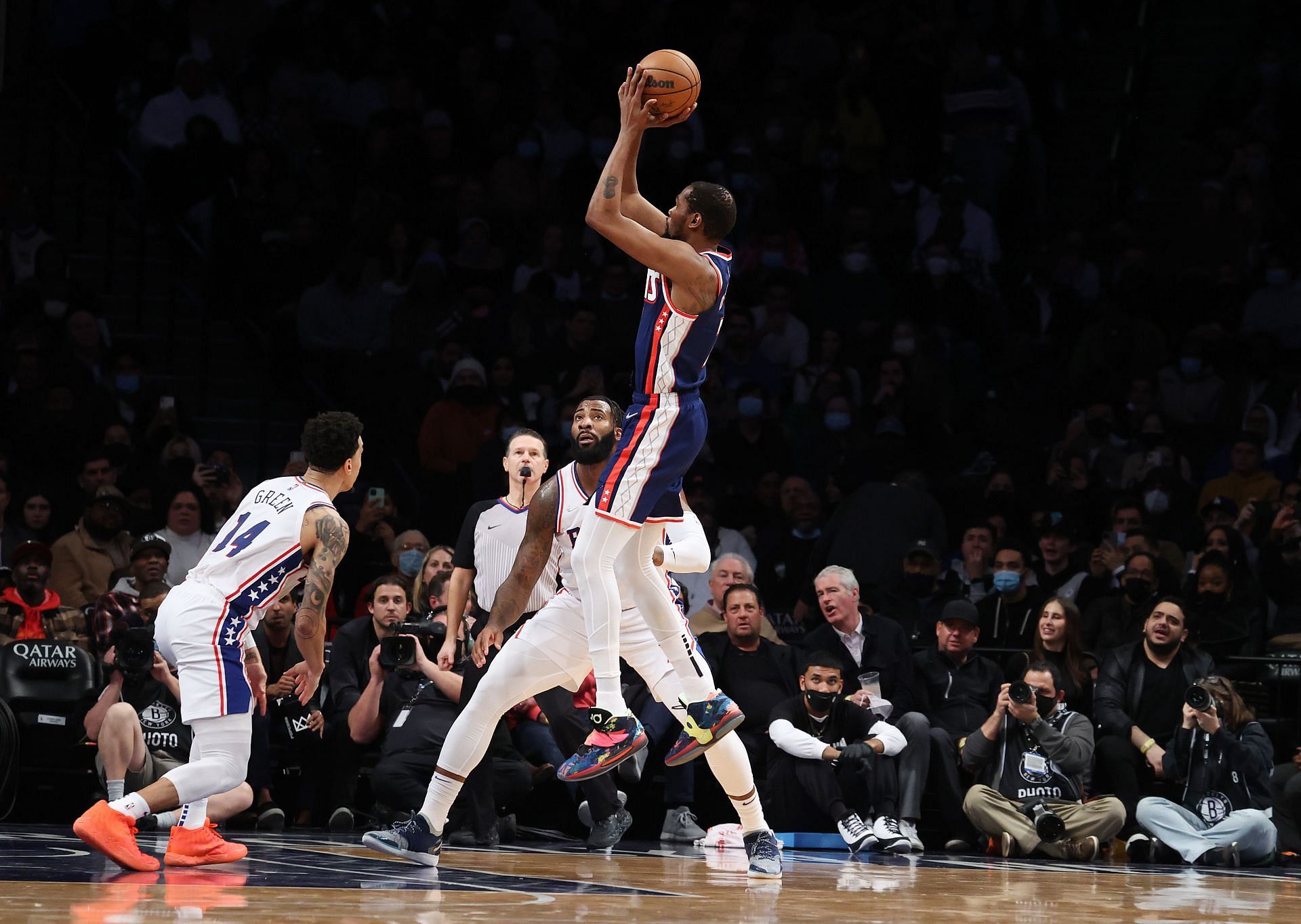 Philadelphia 76ers v Brooklyn Nets; Kevin Durant shoots over two opponents