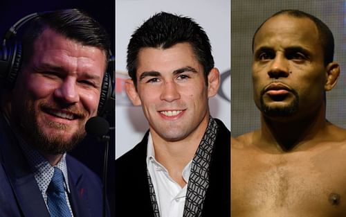 Former UFC champions Michael Bisping (left), Dominick Cruz (center), and Daniel Cormier (right)