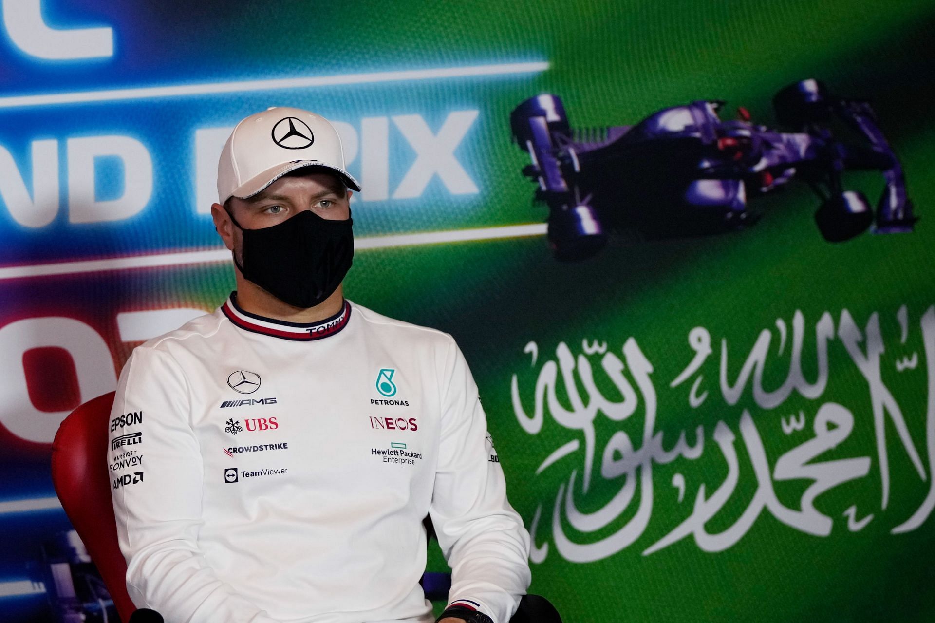 Valtteri Bottas talks in the Drivers Press Conference during previews ahead of the 2021 Saudi Arabia Grand Prix. (Photo by Hassan Ammar - Pool/Getty Images)
