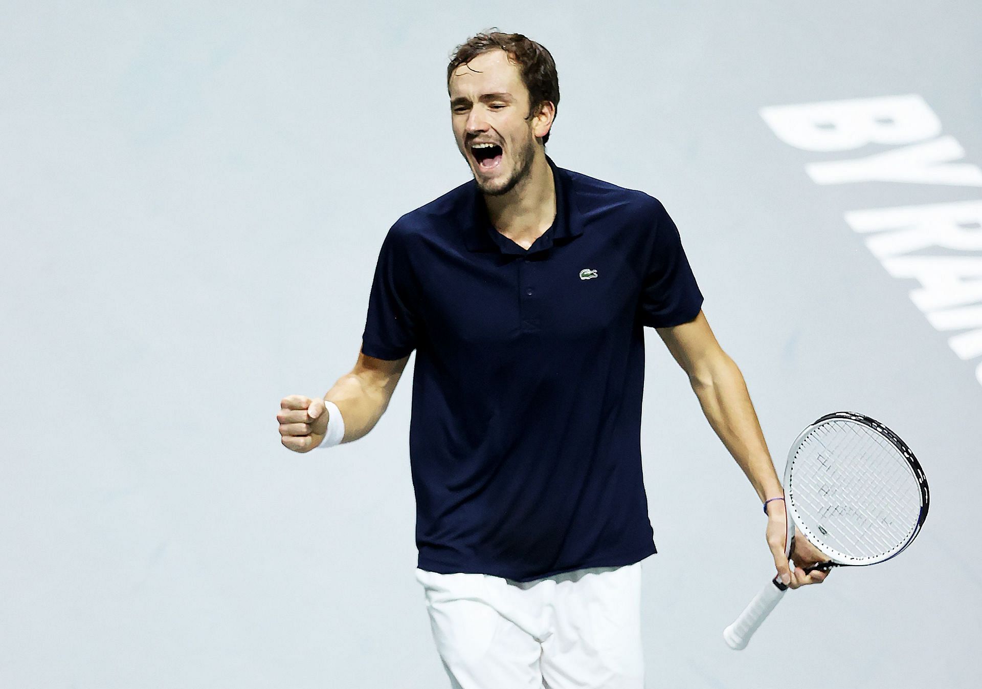 Daniil Medvedev exults during the Davis Cup Final 2021 between Russian Tennis Federation and Croatia