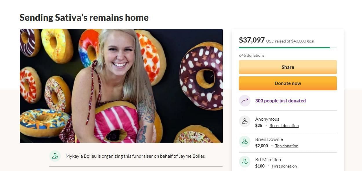 Sativa Transue&rsquo;s GoFundMe fundraiser (Image via GoFundMe)