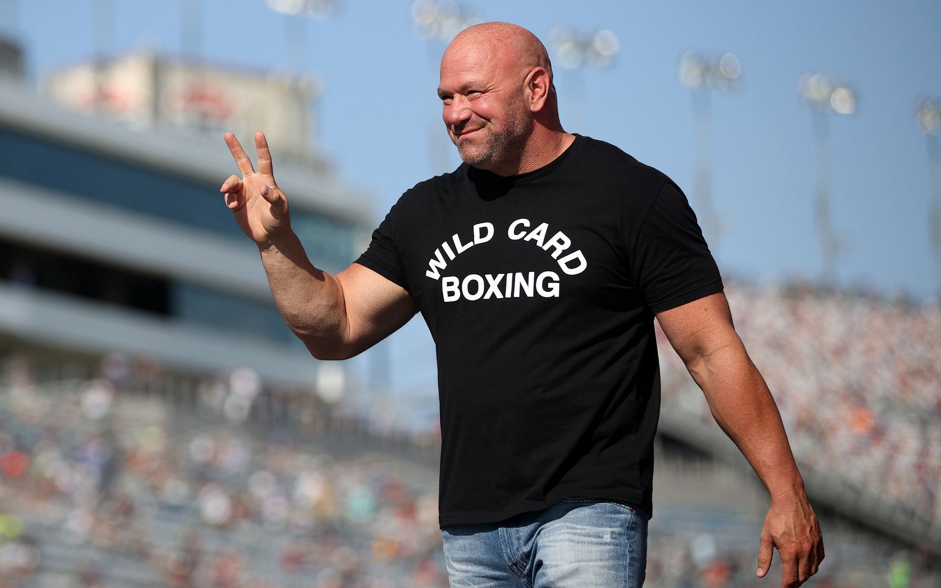 Dana White walks on stage during pre-race ceremonies prior to the NASCAR Cup Series South Point 400 at Las Vegas Motor Speedway
