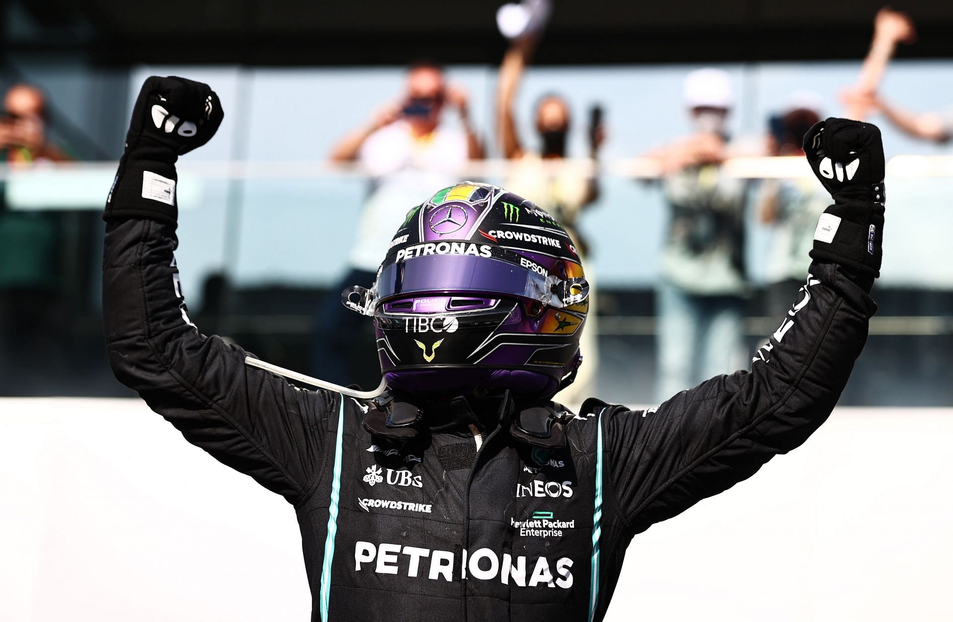 Lewis Hamilton celebrates his win at Interlagos in 2021.