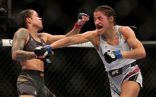 UFC women's bantamweight rivals Amanda Nunes (left) and Julianna Pena (right)