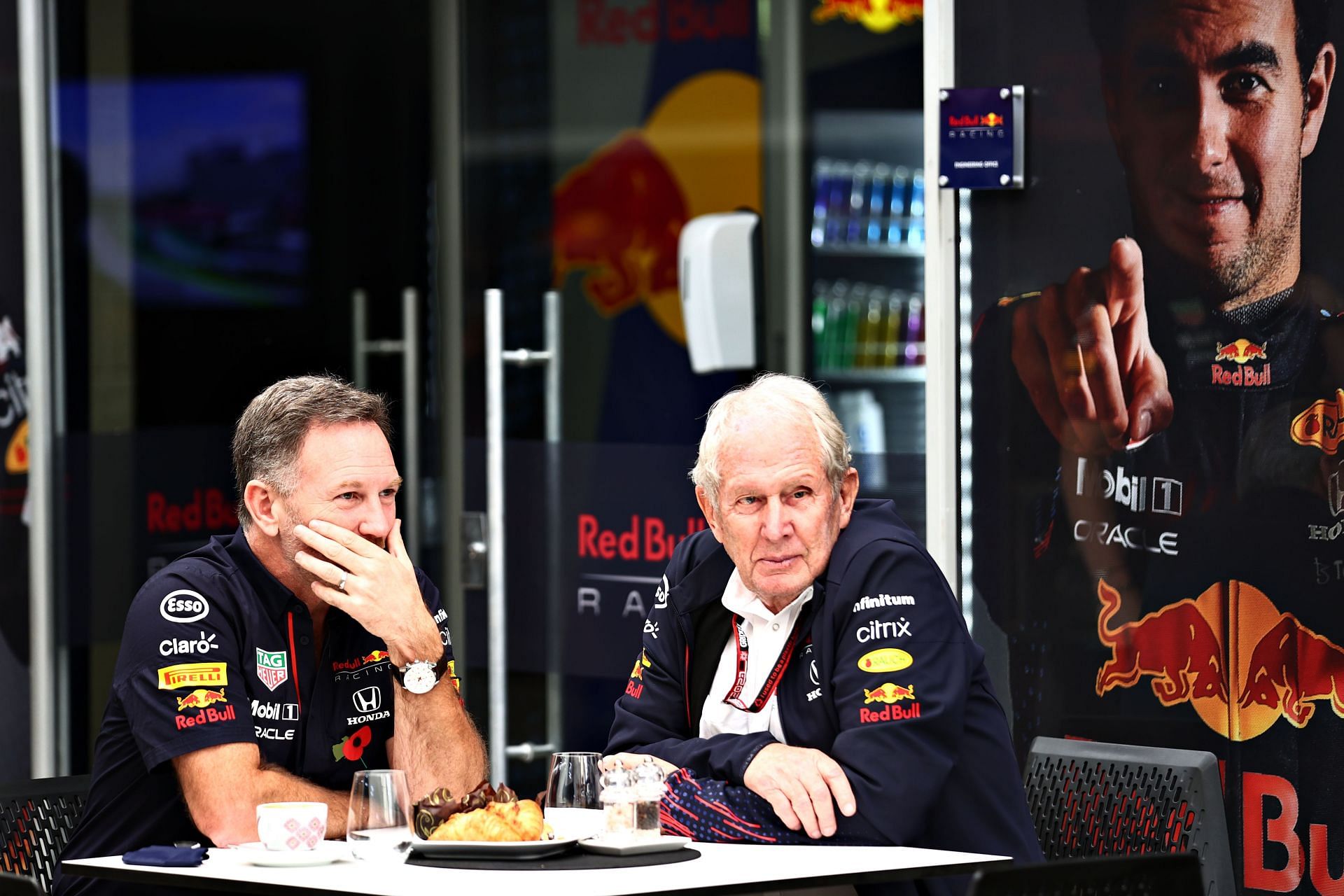 Red Bull Racing&#039;s team principal Christian Horner and team consultant Dr. Helmut Marko ahead of the 2021 Brazil GP (Photo by Mark Thompson/Getty Images)