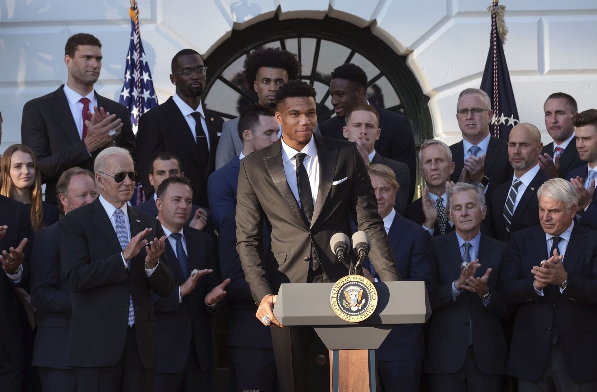 Giannis Antetokounmpo delivers a speech at the White House alongside US President Biden