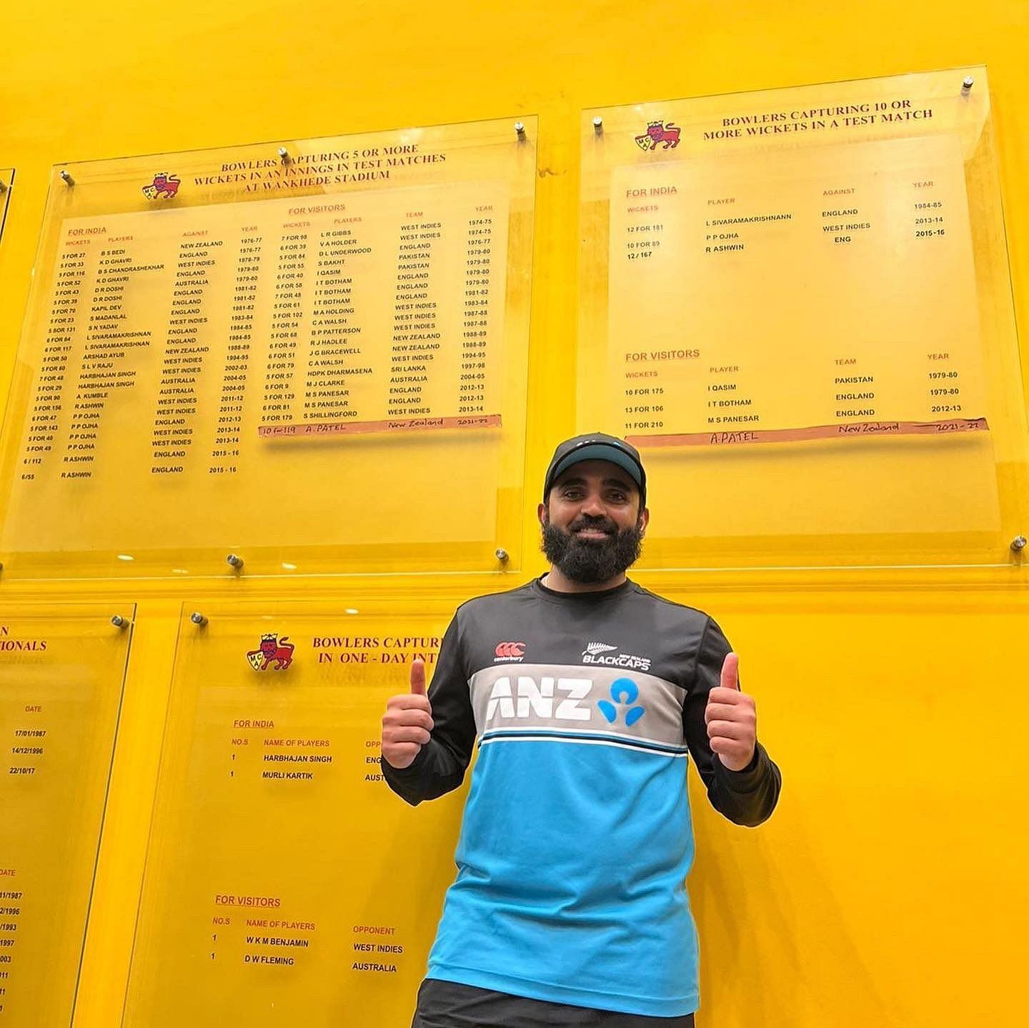 Ajaz Patel poses in front of the Honours Boards at the Wankhede Stadium [Credits: NZC]