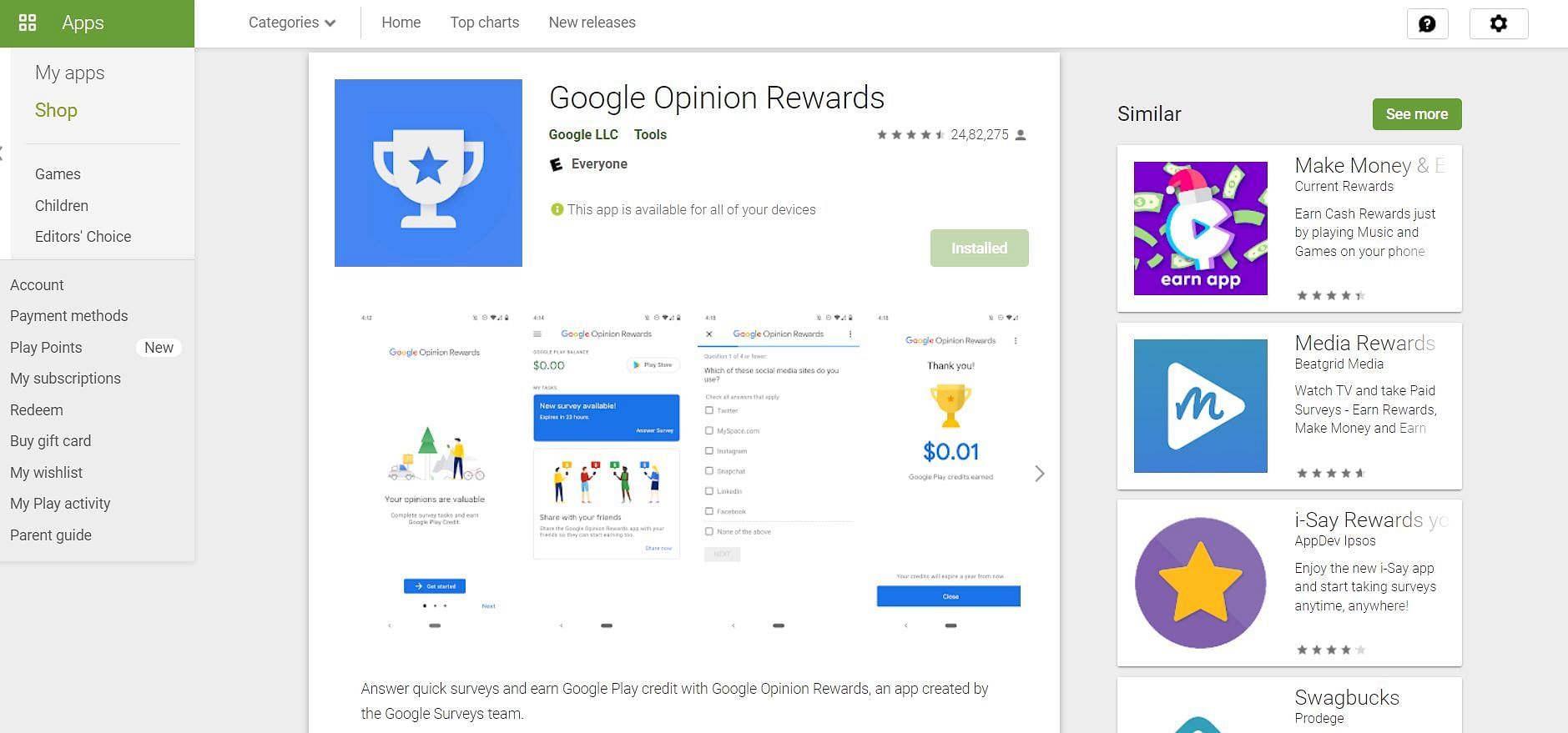 Google Opinion Rewards allows users to earn money by participating in surveys (Image via Google Play)