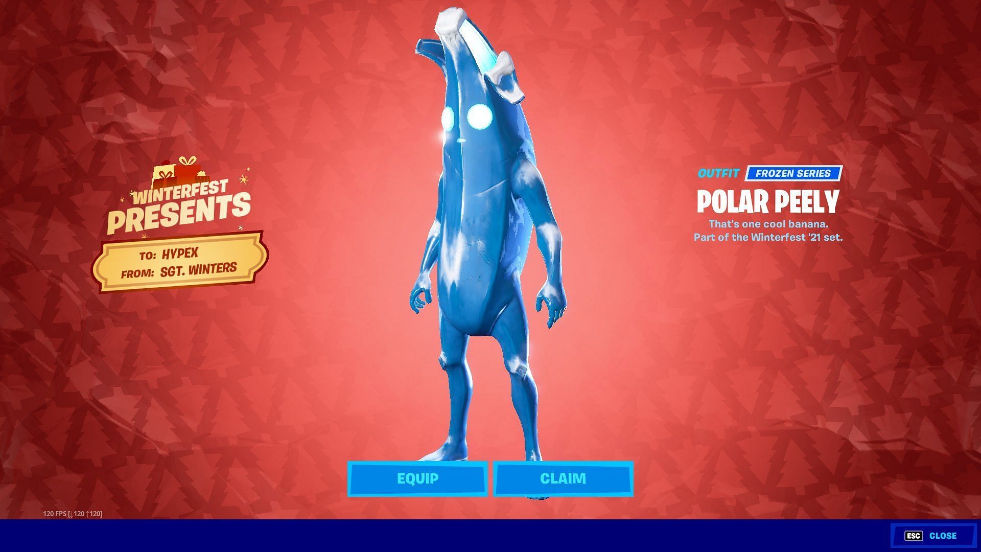 Here&#039;s how Fortnite players can get the Frozen Peely Winterfest Present (Image via Twitter/HYPEX)