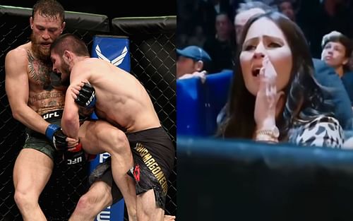 Conor McGregor vs. Khabib Nurmagomedov (left); Dee Devlin's reaction (right)