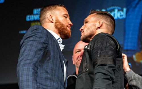 UFC lightweight contenders Justin Gaethje (left) and Michael Chandler (right) at the UFC 268 press conference and face off (Image Credit: @justin_gaethje on Instagram)