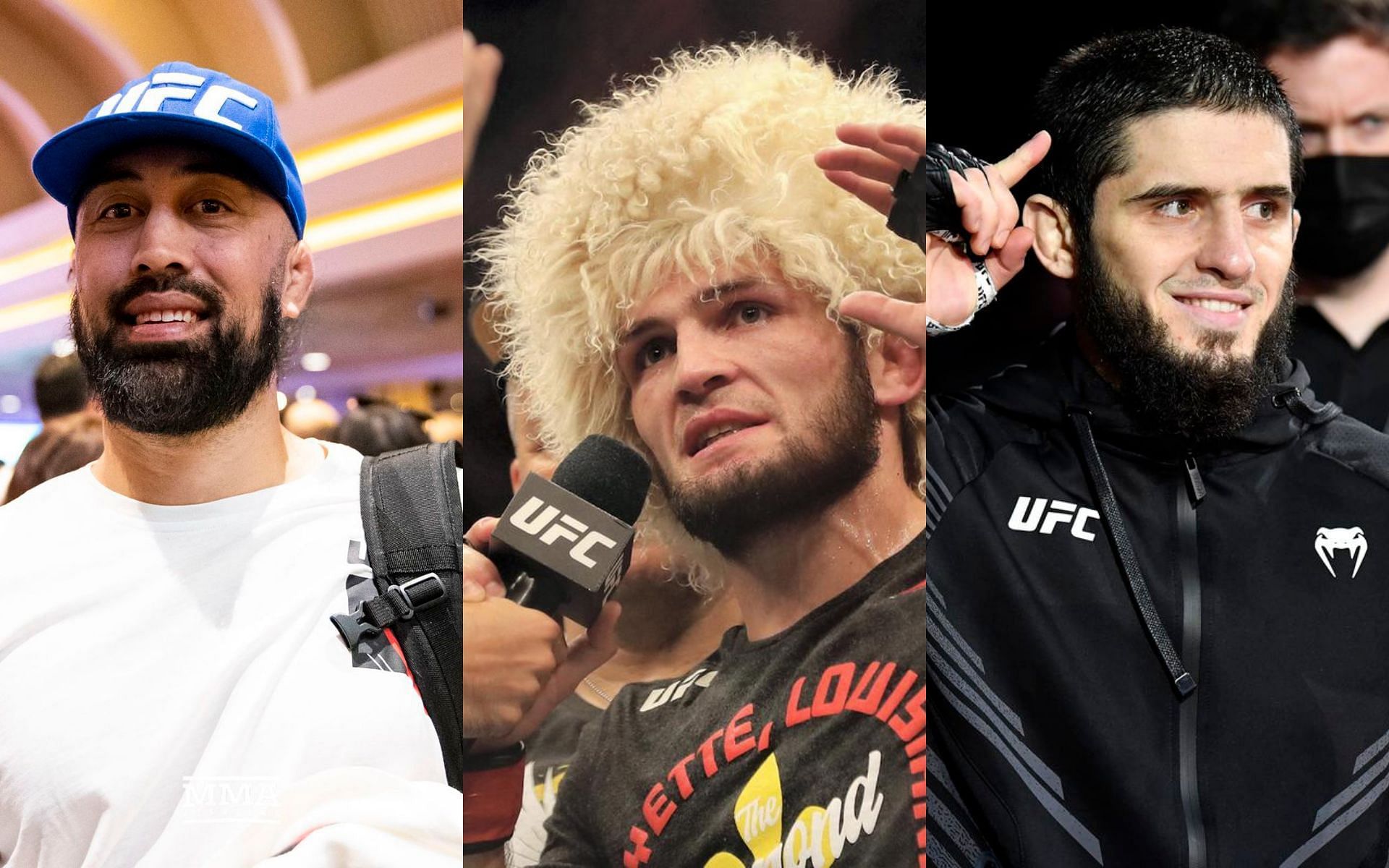 Eugene Bareman (left), Khabib Nurmagomedov (center) and Islam Makhachev (right) [Images courtesy: @ufc on Twitter]