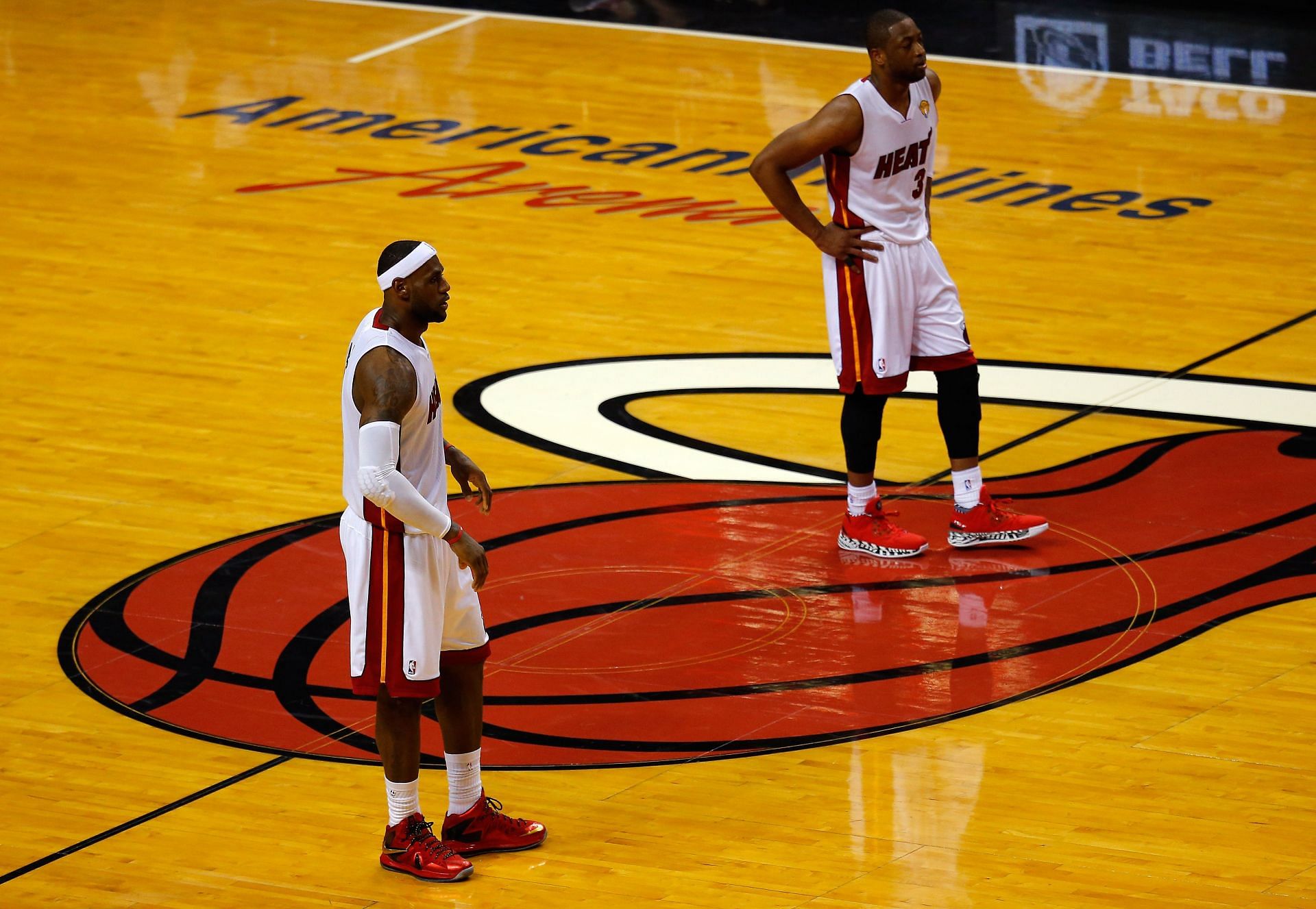 LeBron James, left, and Dwyane Wade, right, of the Miami Heat