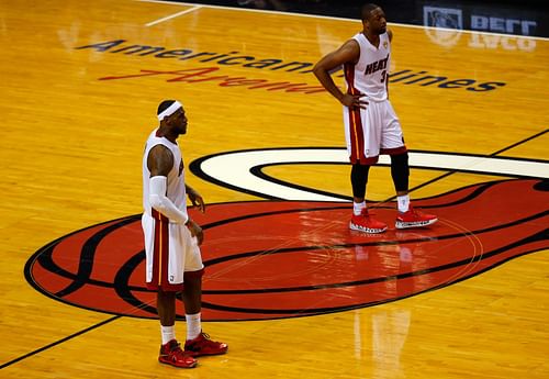 LeBron James, left, and Dwyane Wade, right, of the Miami Heat