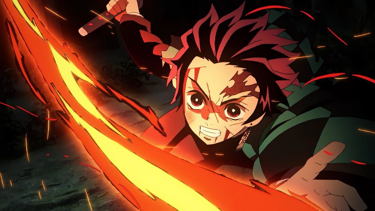 Tanjiro using Hinokami Kagura in Demon Slayer (Image via Pinterest)