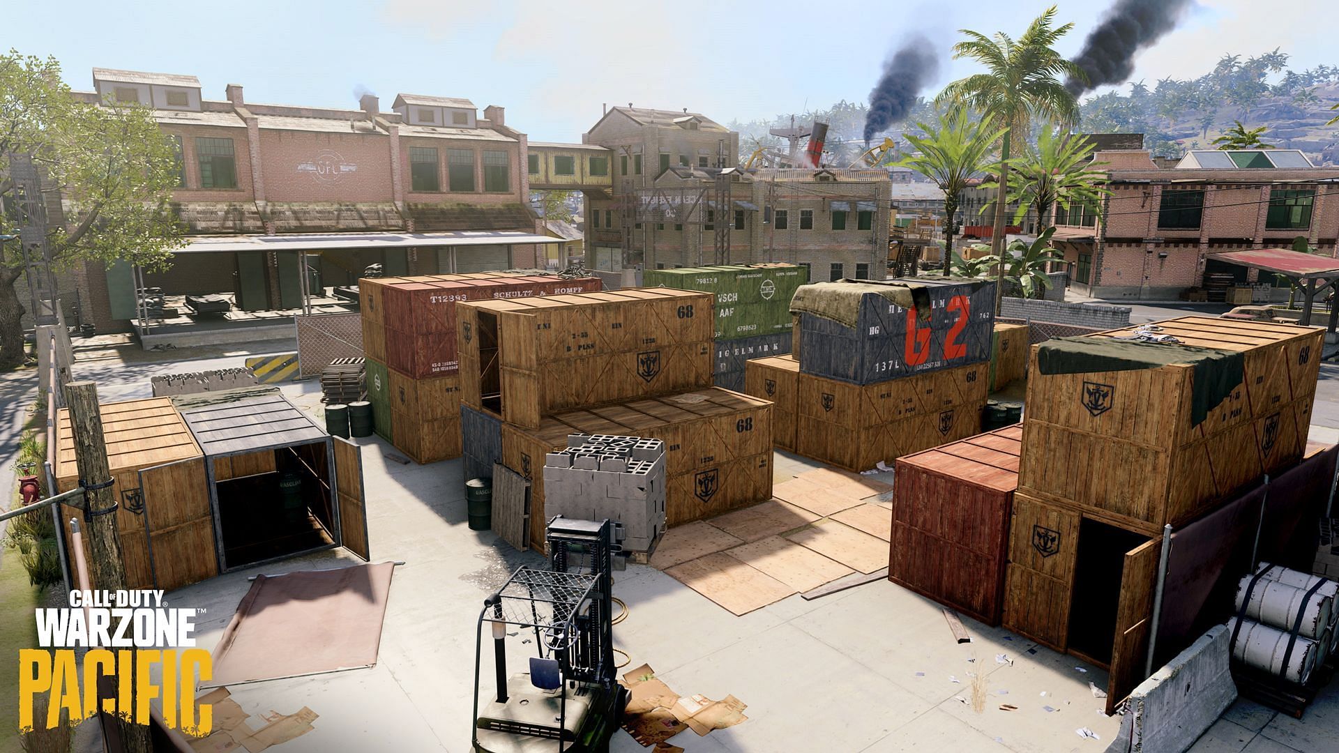 The Industrial docks area in Call of Duty: Warzone&#039;s new map, Caldera (image via Raven Software)