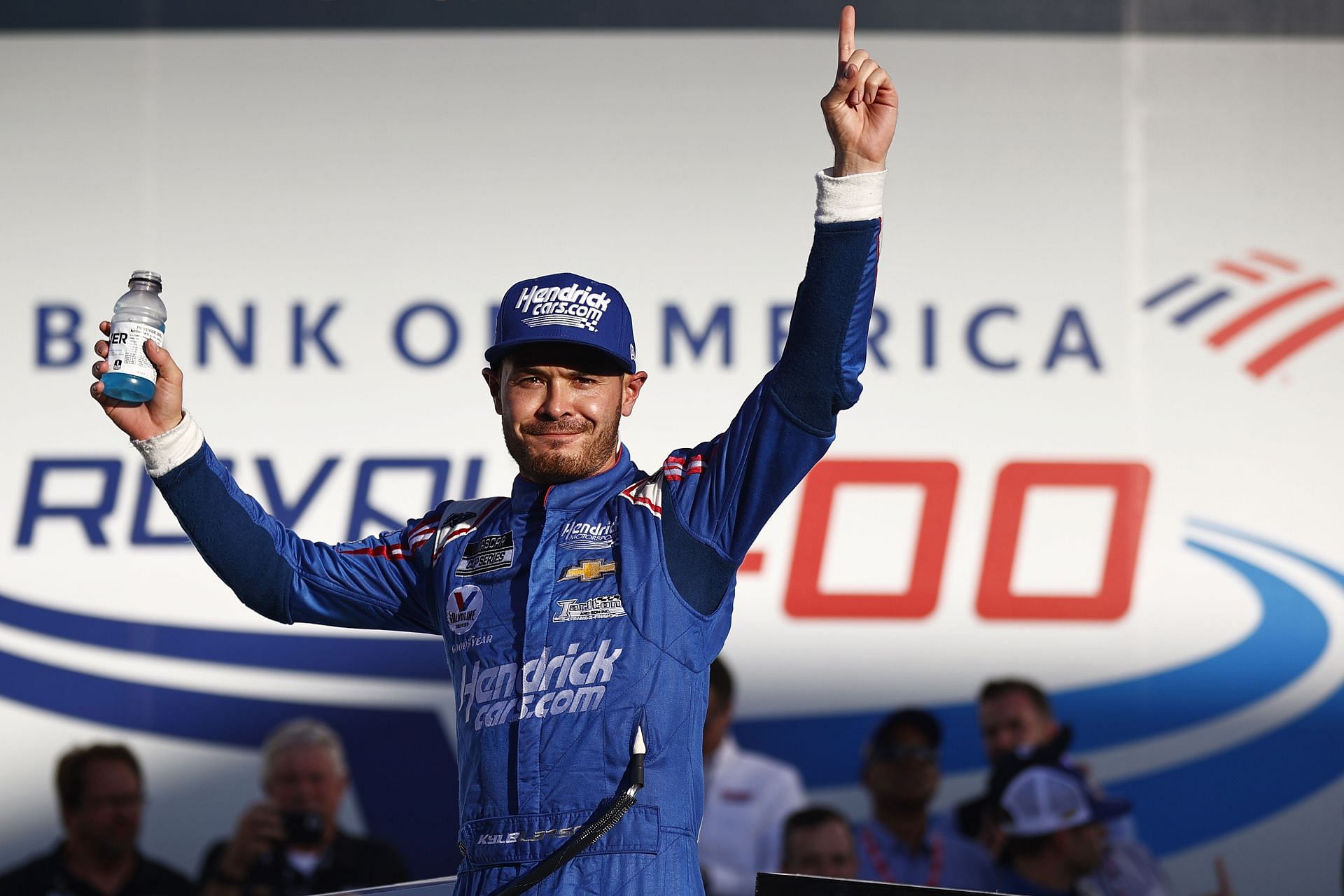 Kyle Larson celebrates after winning the ROVAL 400 at Charlotte Motor Speedway in Concord, North Carolina.