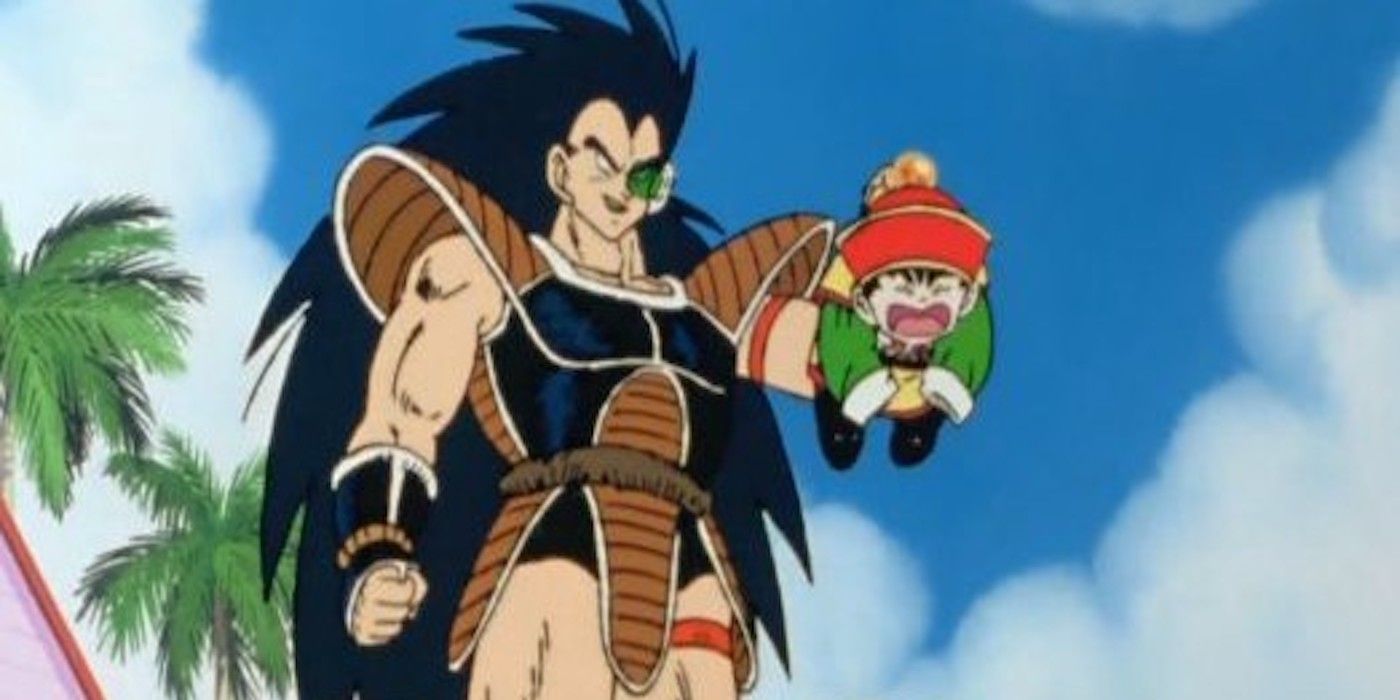 Raditz seen holding Gohan in Dragon Ball Z&#039;s premuiere episode. (Image via Toei Animation)