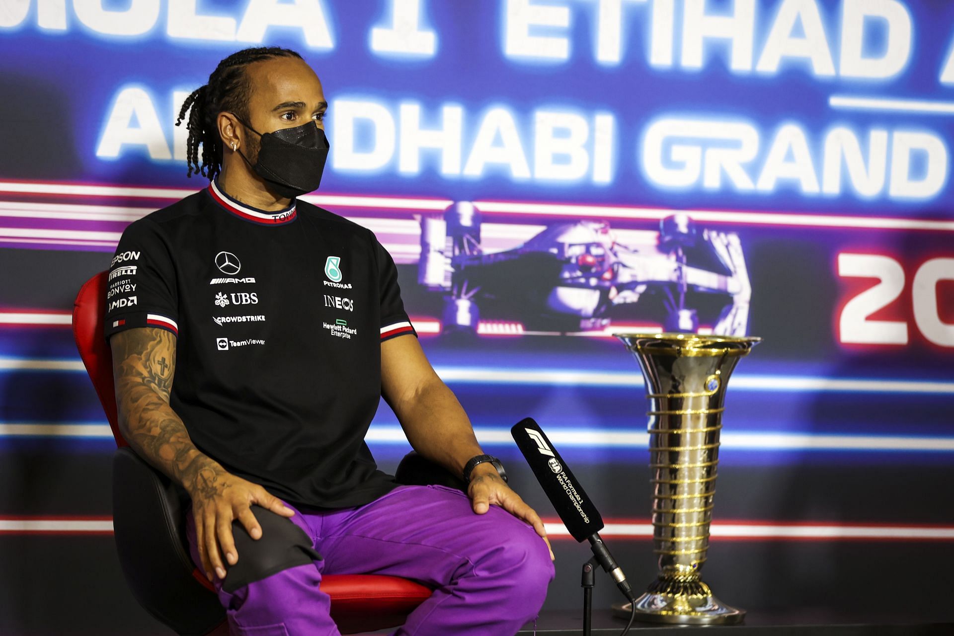 Lewis Hamilton talks in the Drivers Press Conference during previews ahead of the 2021 Abu Dhabi Grand Prix. (Photo by Antonin Vincent - Pool/Getty Images)