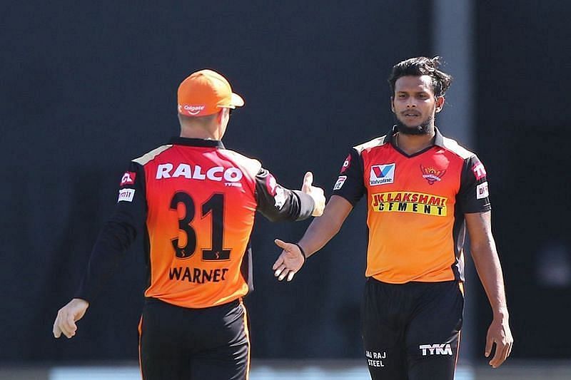 T Natarajan (right) celebrates a wicket for SRH. Pic: IPLT20.COM