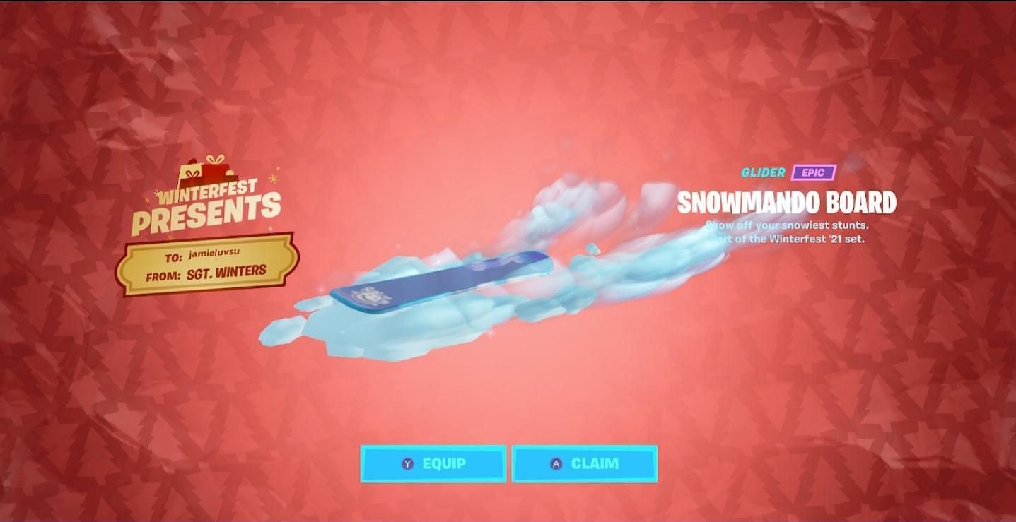 The Snowmando board glider is among the many free Fortnite Winterfest rewards (Image via Epic Games)