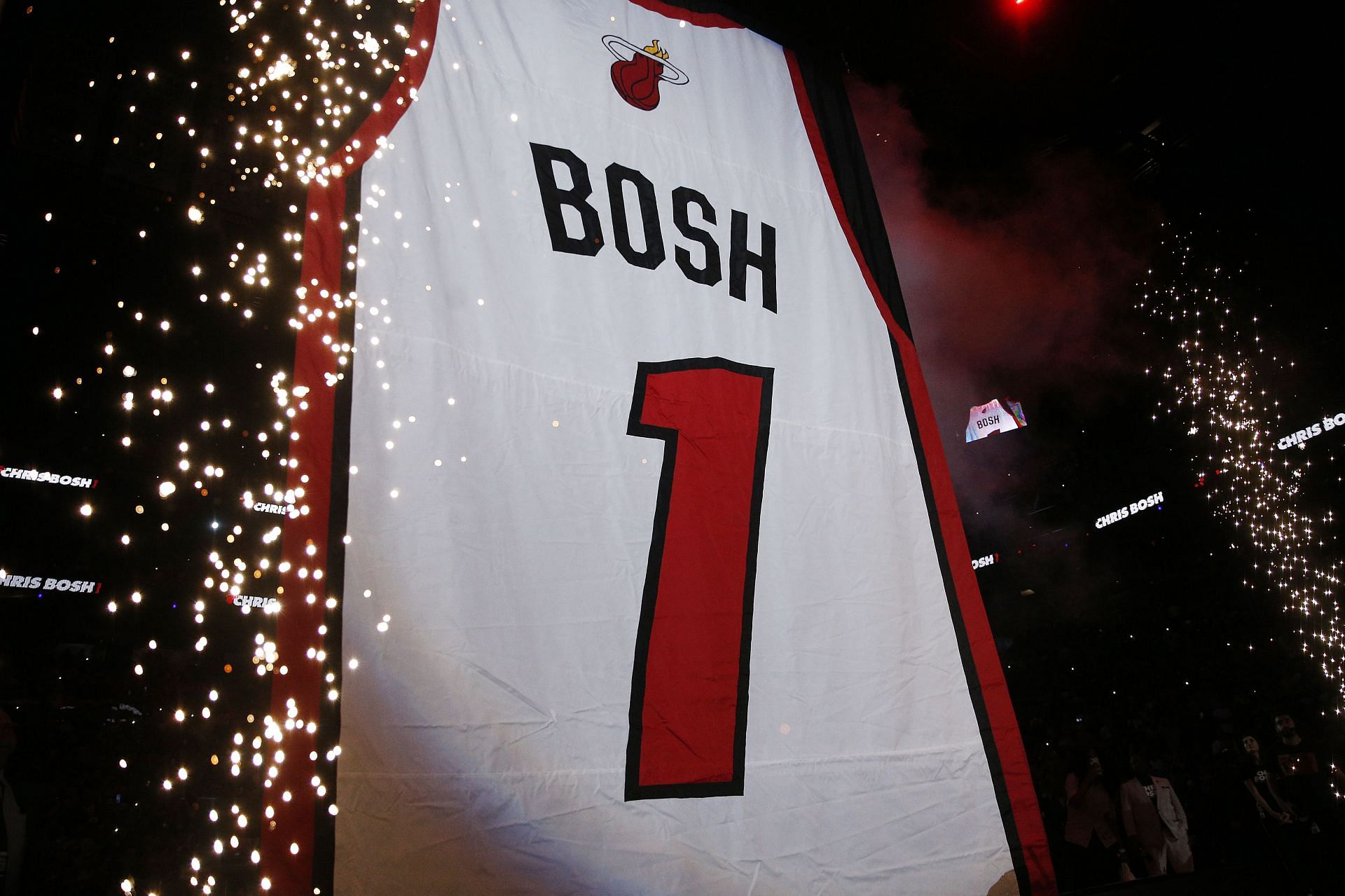 Miami Heat forward Chris Bosh had his jersey raised to the rafters.