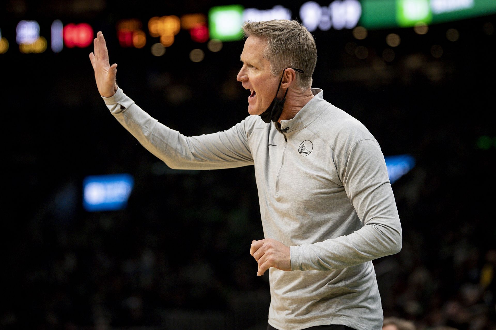 Head Coach Steve Kerr of the Golden State Warriors reacts during the second half against the Boston Celtics at TD Garden on December 17, 2021 in Boston, Massachusetts.