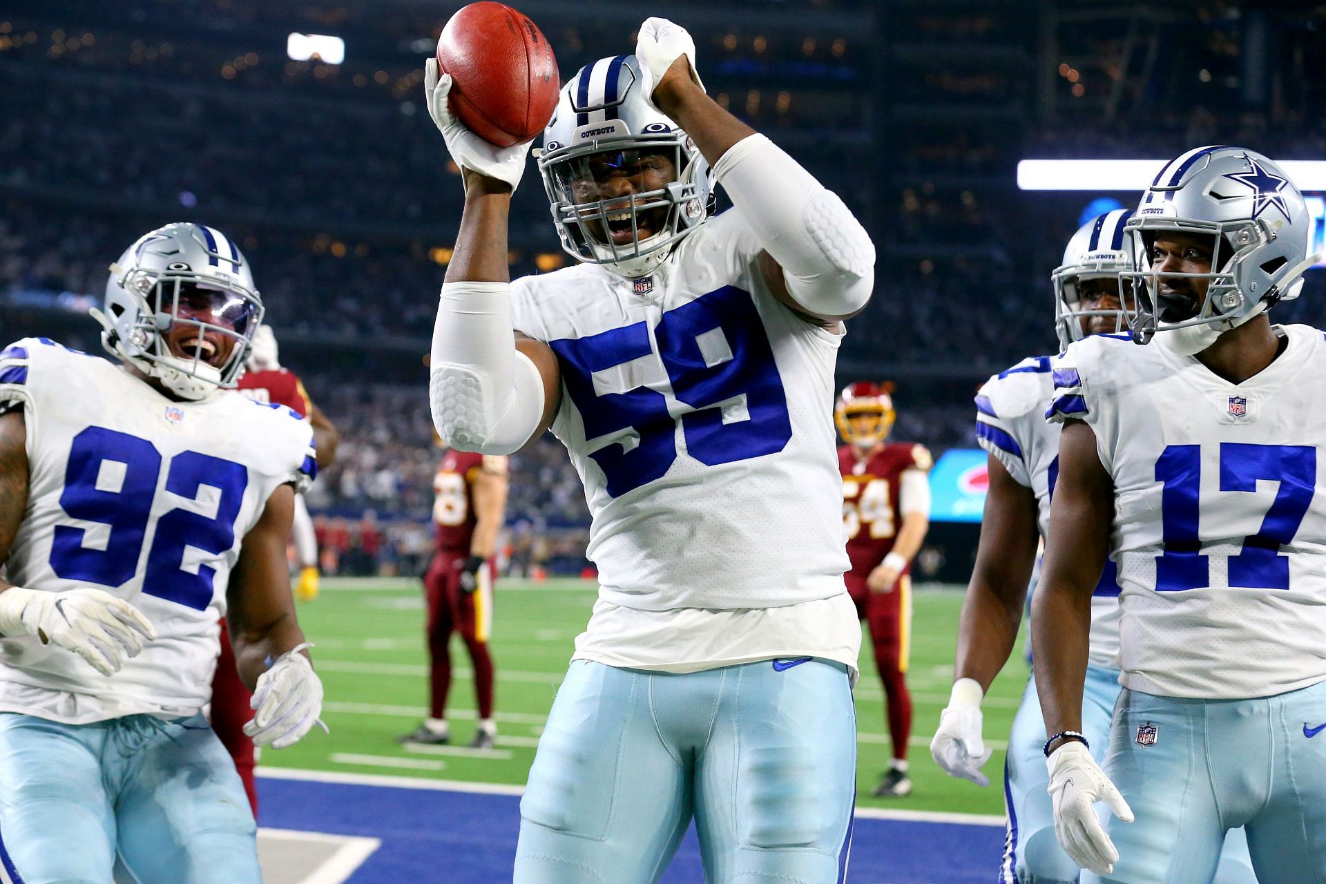The Dallas Cowboys celebrate one of their many touchdowns on Sunday night vs. Washington (Photo: Getty)