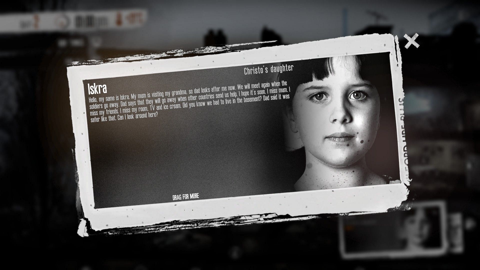 A biography of a child character (Image via This War of Mine)