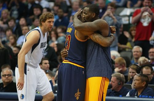 Cleveland Cavaliers players LeBron James, left, and Kendrick Perkins