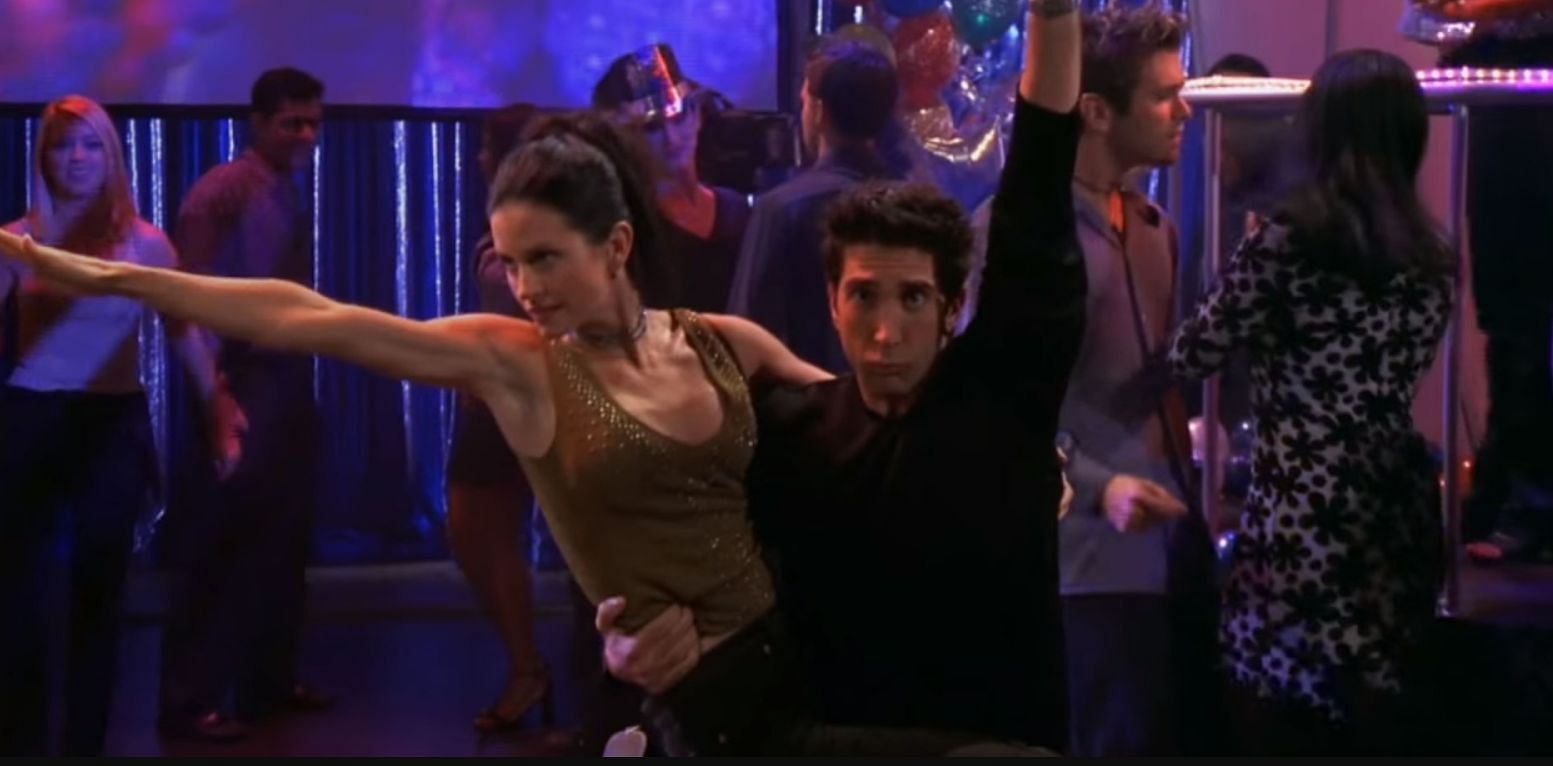 Ross and Monica doing the &quot;Routine&quot; (Image via NBC)