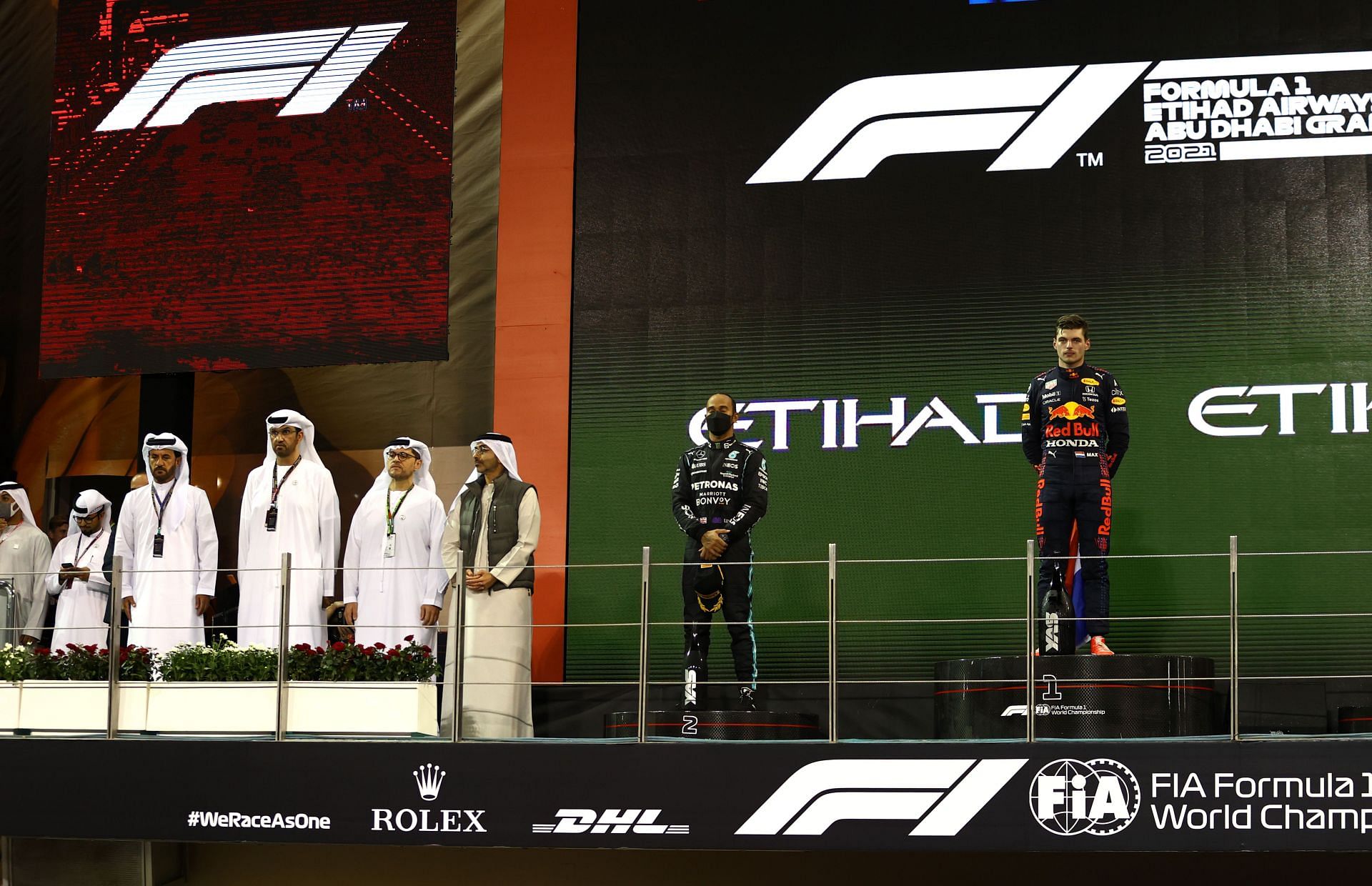 Lewis Hamilton (centre) and Max Verstappen (right) (Photo by Bryn Lennon/Getty Images)