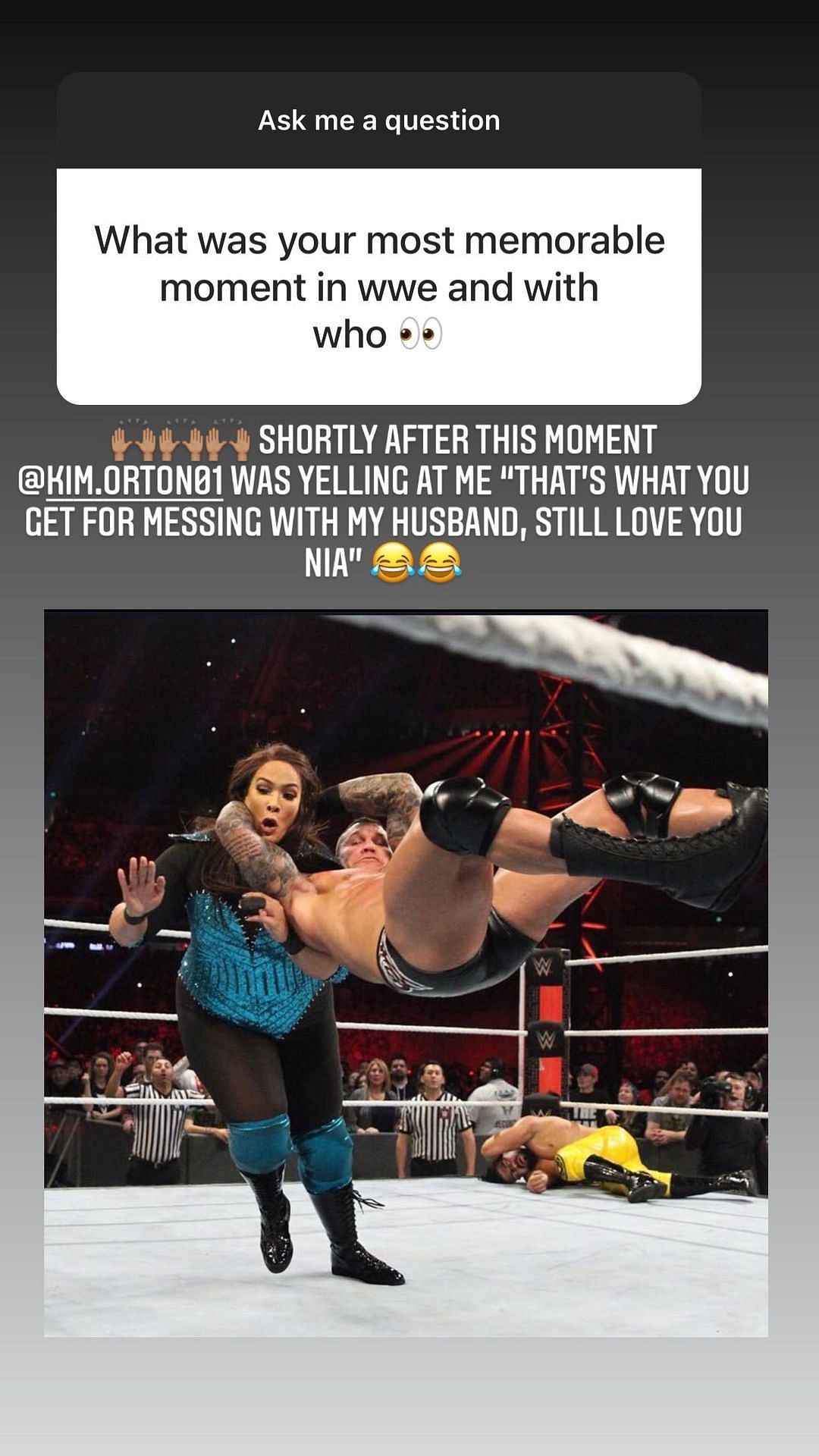 Kim Orton&#039;s amusing reaction to Randy Orton hitting an RKO on Nia Jax