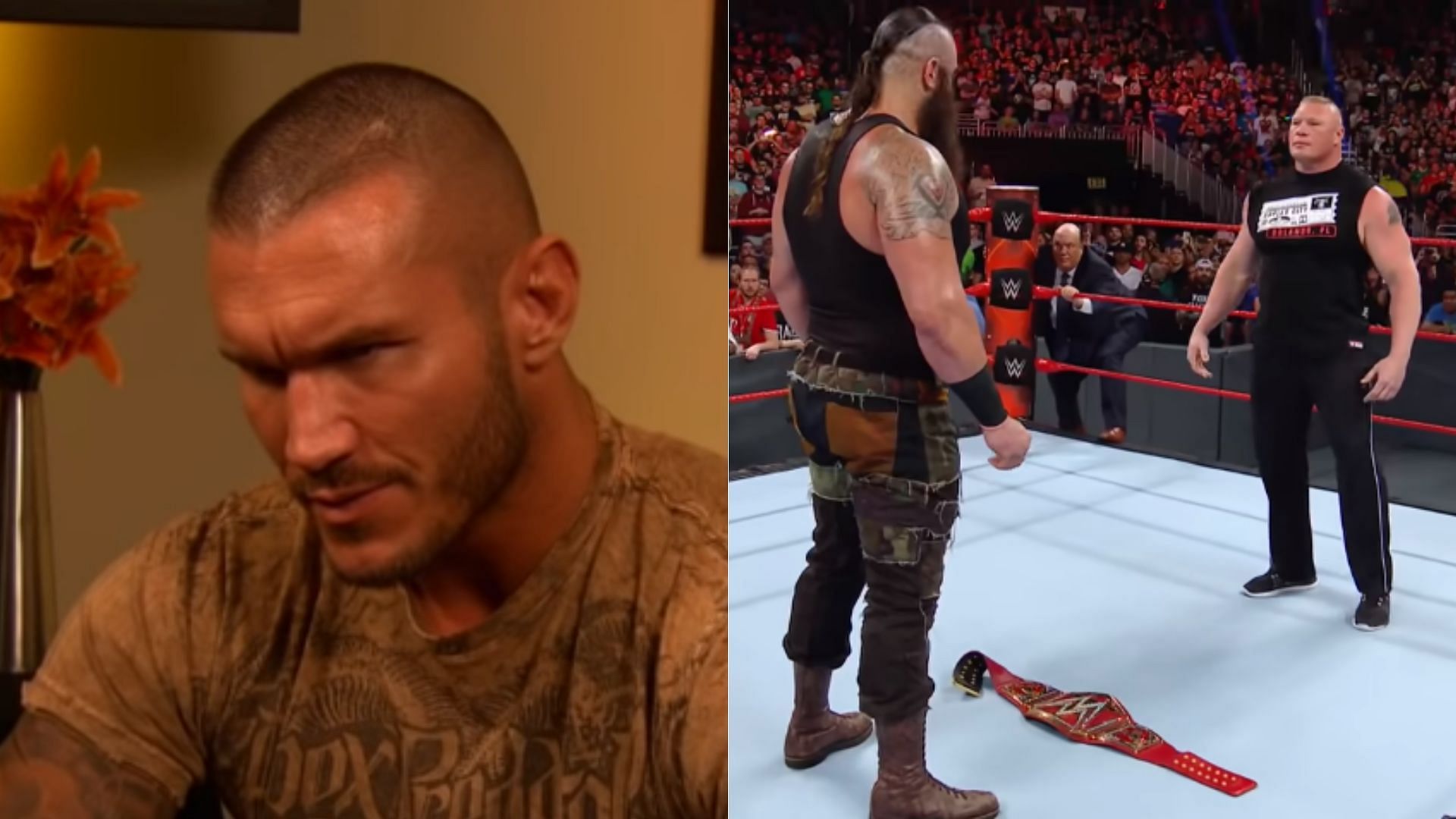 Randy Orton (left); Braun Strowman and Brock Lesnar (right)