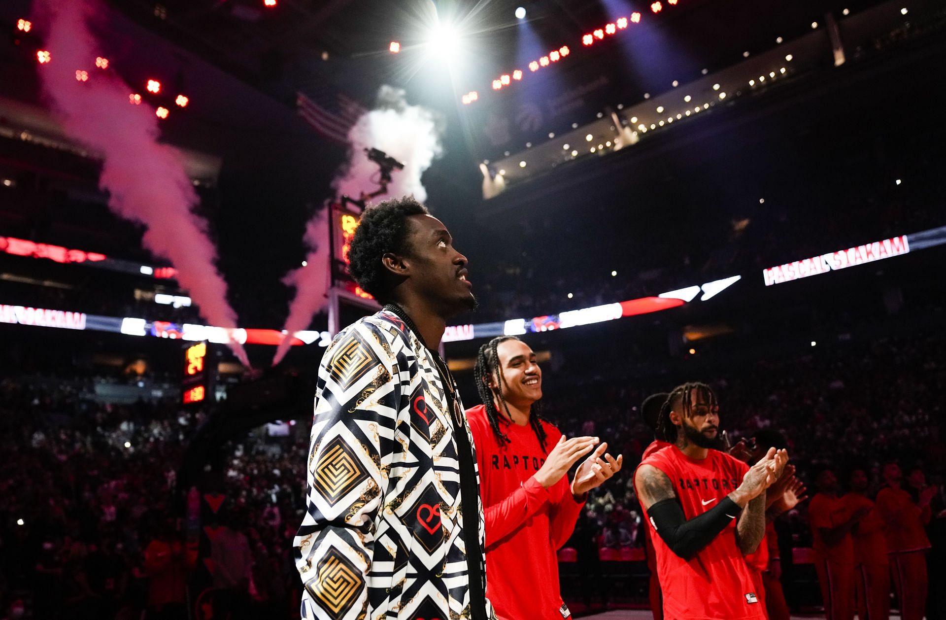 Pascal Siakam #43 of the Toronto Raptors looks on during player introductions for opening night before his team plays the =Washington Wizards during their basketball game at Scotiabank Arena on October 20, 2021 in Toronto, Canada.