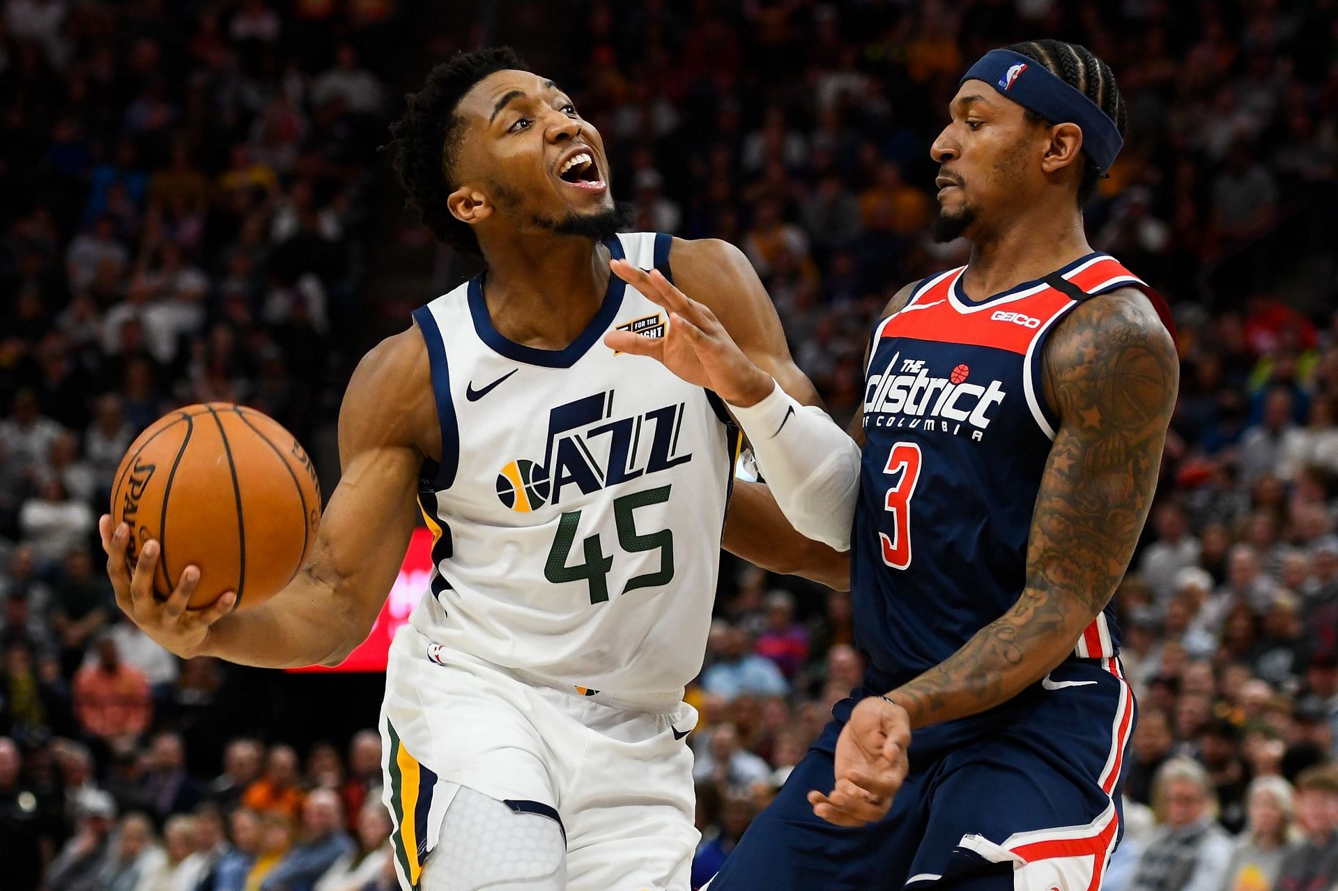 Donovan Mitchell and the streaking Utah Jazz will visit Bradley Beal and the Washington Wizards on Saturday. [Photo: Wiz of Awes]