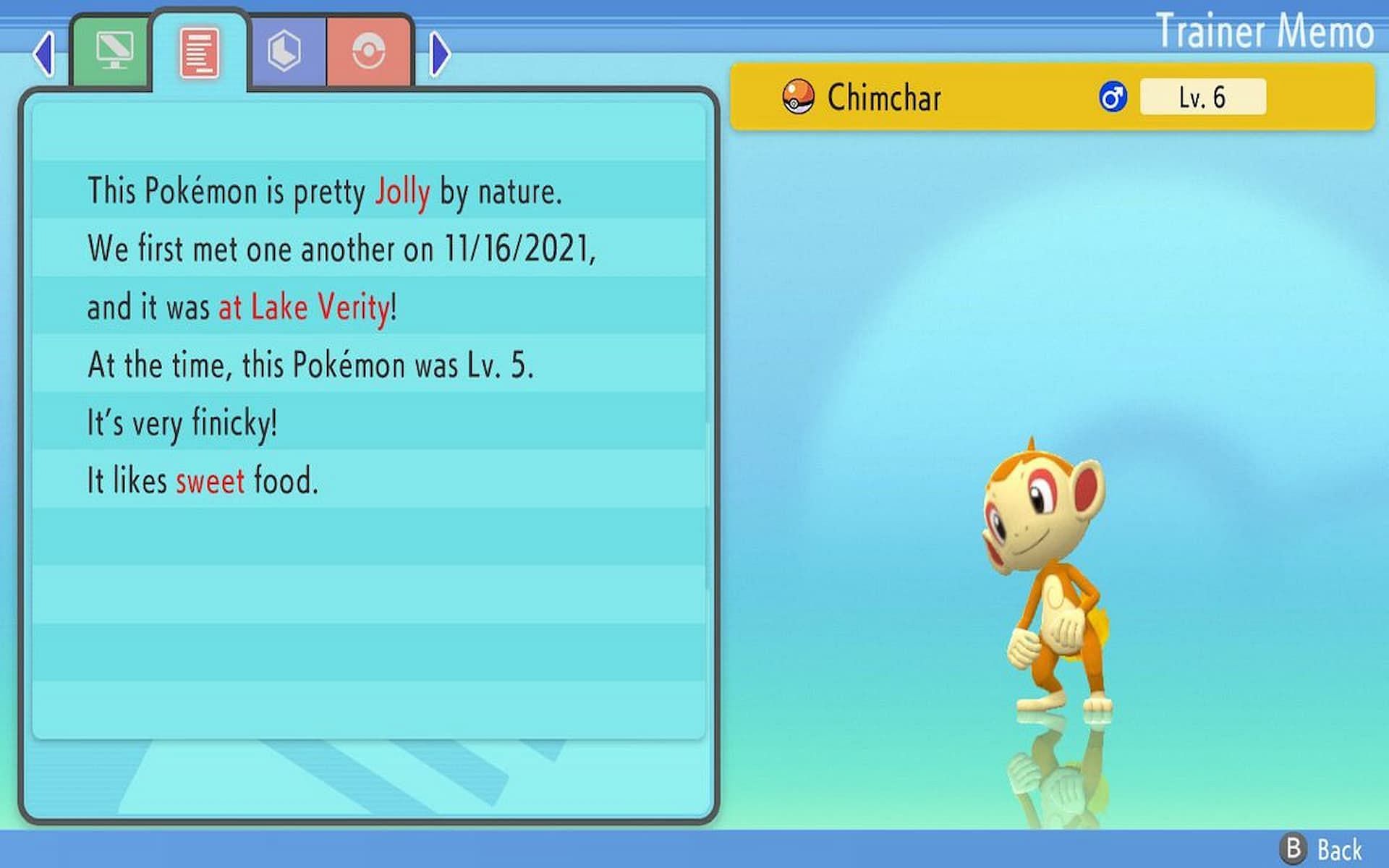 A look at the summary page of Chimchar, showing its Nature, in Pokemon Brilliant Diamond and Shining Pearl (Image via ILCA)
