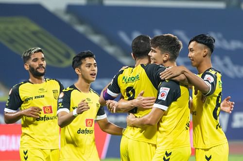 Hyderabad FC players celebrate after scoring against Odisha FC (Image Courtesy: ISL)