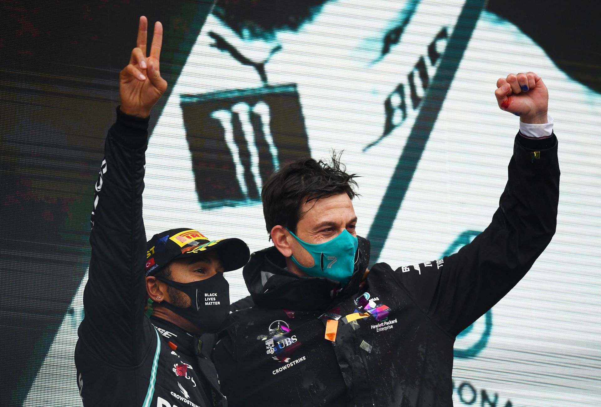 Lewis Hamiton (left) and Toto Wolff (right) (Photo by Clive Mason/Getty Images)